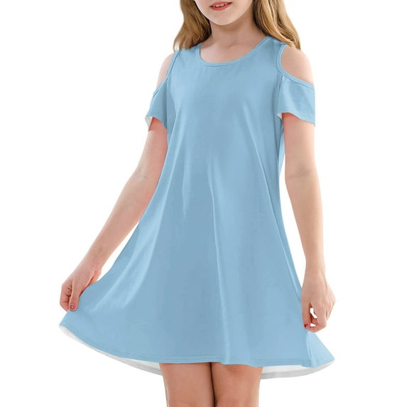 XADYUY Summer Dress for Girls 7-8 Casual A-Line Sleeveless T-Shirt Dress for School Solid Color Twirl Crew Neck Swing kids sundresses girls 4-16,Light Blue 4-5 Years