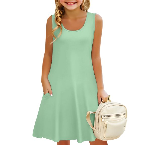 XADYUY Summer Dress for Girls 7-8 Casual A-Line Solid Color Sleeveless Tank Dresses Cute Loose Crew Neck Swing Skirt with Pockets for 4-14t Kids,Green 4-5 Years