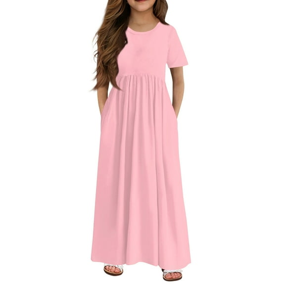 XADYUY Summer Dress for Girls 7-8 Casual Solid Color Short Sleeve Girls Long Dresses Cute Crew Neck Sundresses Swing Dresses with Pocketss 13-14 Years,Pink
