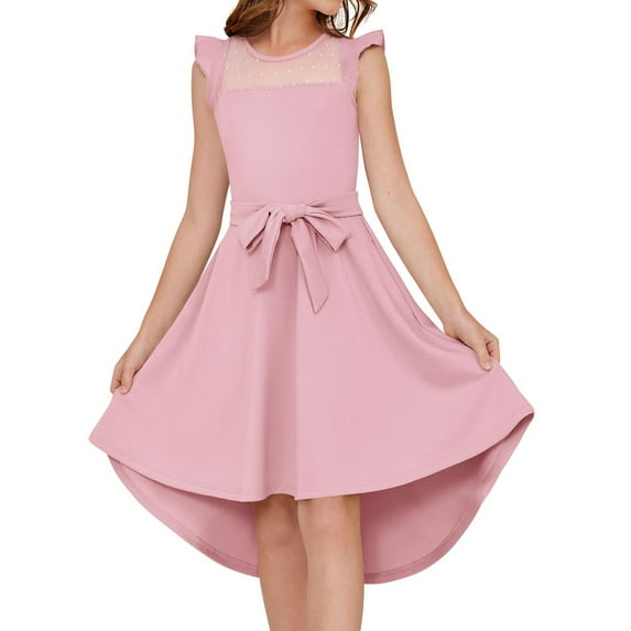 XADYUY Summer Dress for Girls 7-8 Ruffle Sleeve Mesh A-Line High Low Dresses for Girls Formal Party Wedding Dress with Pockets Cute Belted Summer Girls Wedding Guest Dress,Pink