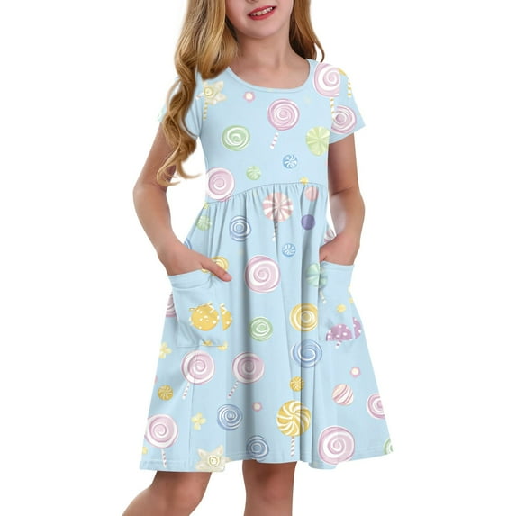 XADYUY Summer Dress for Girls 7-8 Twirly A-Line Short Sleeve Midi Dress Cartoon Candy Pleated Crew Neck Swing Sundresses with Pockets for 4-14t Kids,Blue 3-4 Years