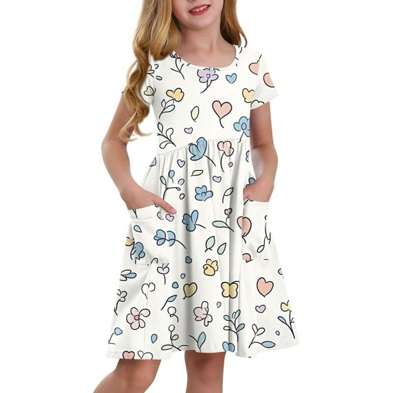 XADYUY Summer Dress for Girls 7-8 Twirly A-Line Short Sleeve Midi Dress Floral Flare Crew Neck Swing Sundresses with Pockets for 4-14t Kids,White 2-3 Years