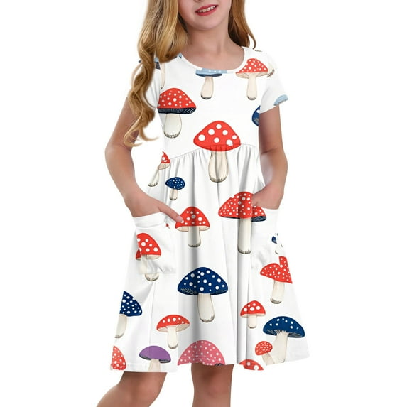 XADYUY Summer Dress for Girls Twirly A-Line Short Sleeve T-Shirt Dresses Mushroom Crew Neck Swing Basic Sundresses with Pockets for 4-14t Kids,Red 12-13 Years