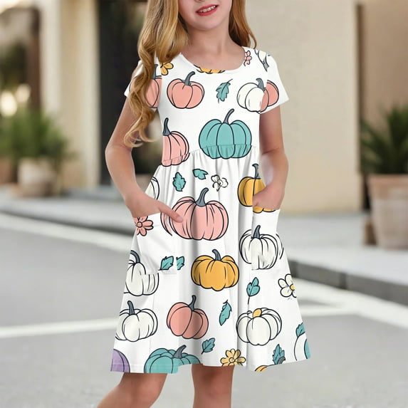 XADYUY Summer Dress for Girls Twirly A-Line Short Sleeve T-Shirt Dresses Pumpkin Basic Crew Neck Swing Sundresses with Pockets for 4-14t Kids,Multicolor 12-13 Years