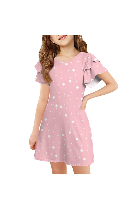 Summer Dress for Girls 10-12 Casual A-Line Ruffle Sleeve Midi Dress Polka Dot Pleated Crew Neck Swing Sundresses 10-12 Years,Pink
