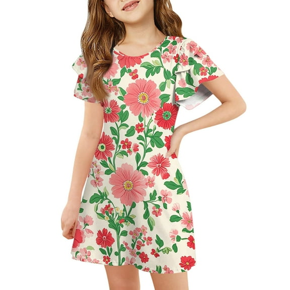 XADYUY Summer Dress for Girls 10-12 Casual A-Line Ruffle Sleeve Tshirt Dresses Floral Print Crew Neck Swing Beach Sundresses 7-8 Years,Light Green