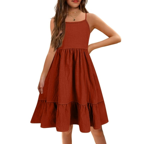 XADYUY Summer Dress for Girls 14-16 Casual A-Line Spaghetti Strap Midi Dress Cute Loose Solid Color Swing Teens Summer Dress,8-9 Years Wine