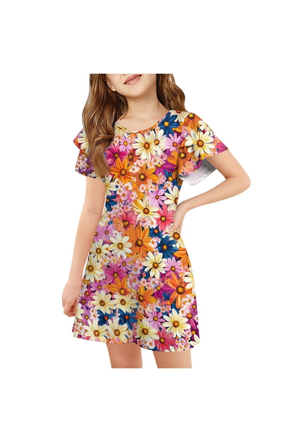 Summer Dress for Girls 7-8 Casual A-Line Ruffle Sleeve Tshirt Dresses Floral Print Summer Crew Neck Swing Sundresses 9-10 Years,Orange