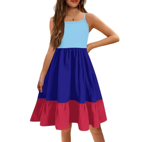 XADYUY Summer Dress for Girls 7-8 Casual A-Line Spaghetti Strap Midi Dress Cute Pleated Colorblock Swing Teens Summer Dress,6-7 Years Wine