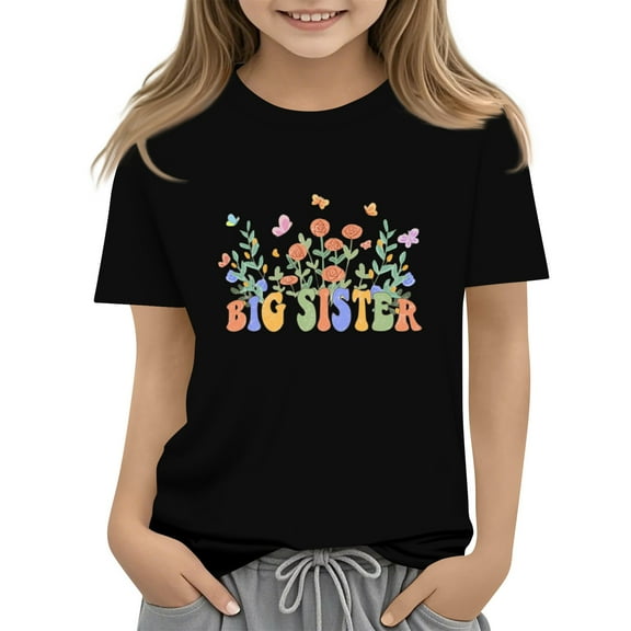 XADYUY Toddler Big Sister Outfits Big Sis Shirt Cute BIG SISTER Floral Print Reveal T-Shirt Summer Fashion Short Sleeve Tee Shirt 1-2 Years,Black