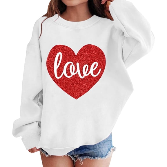 XADYUY Valentines Day Sweatshirt Girls 7-8 Cute Glitter Love Heart Pullover Sweatshirts Crewneck Long Sleeve Sweaters for Teens Lightweight Spring School Clothes for Teen Girls,White,3-4Years