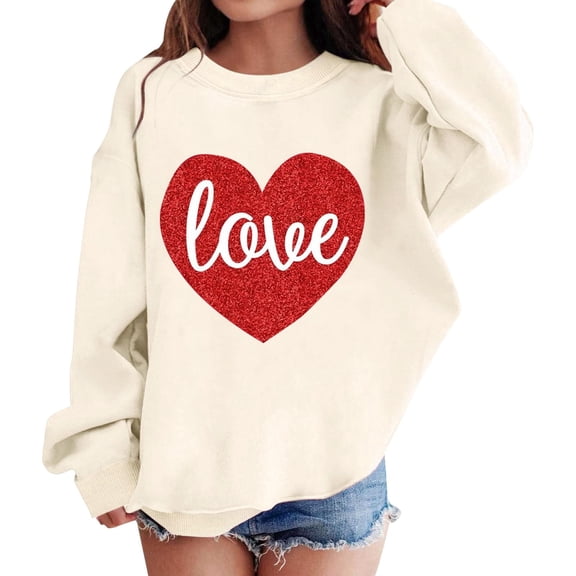 XADYUY Valentines Day Sweatshirt Girls 7-8 Funny Glitter Love Heart Pullover Sweatshirts Crewneck Long Sleeve Kids Sweaters Girls Lightweight Holiday Back To School Outfits for Teen Girls