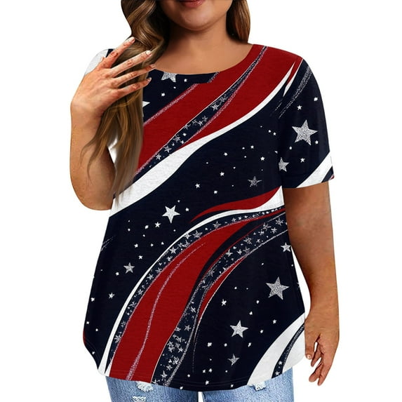 XADYUY Women Plus Size Tops 4x-5x Trendy 4th Of July Stars Stripes Graphic T Shirt Casual Crewneck Short Sleeve T-Shirt Independent Day Patriotic Tunic Tops,4XL Wine