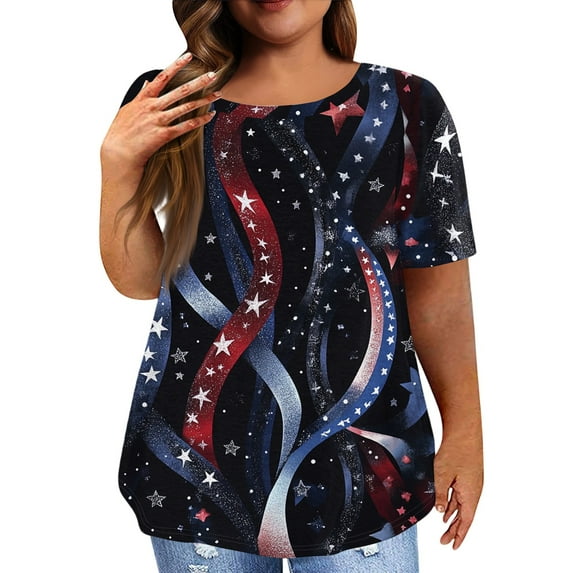 XADYUY Womens Plus Size Summer Tops 4th Of July Stars Stripes Print Tunic Shirts Sexy Crew Neck Short Sleeve T-Shirt Independent Day Patriotic Tunic Tops,5XL Navy
