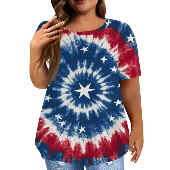 XADYUY Womens Plus Size Summer Tops 4th Of July Stars Stripes Tie Dye Print T-Shirt Loose Fit Crew Neck Short Sleeve Tunic Tops Independent Day Patriotic Blouses,3XL Blue