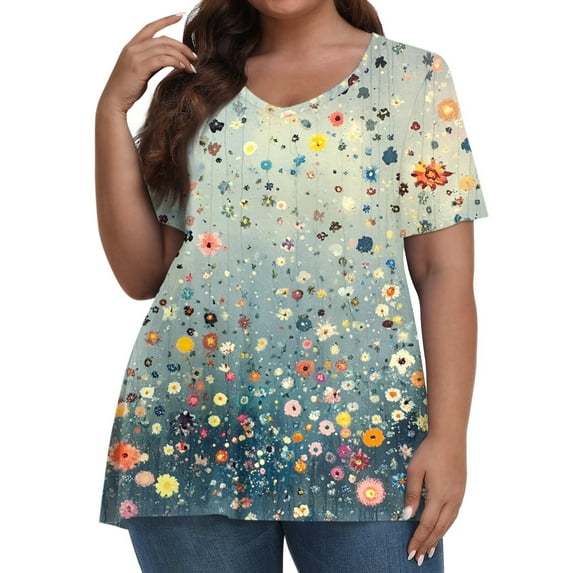 XADYUY Womens Plus Size Tops Summer Casual Cute Tees Short Sleeve V Neck Daisy Floral Print Blouses 4x-5x Trendy Tunics,5XL Mint Green