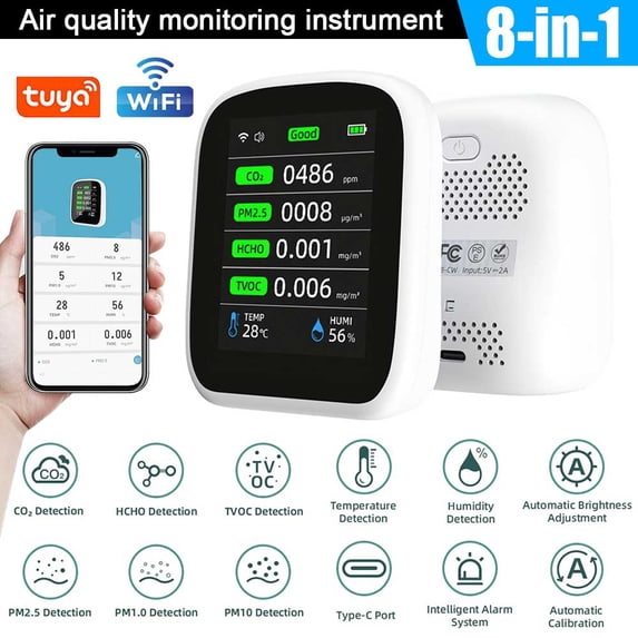 XAEIOW 8-in-1 Indoor Air Quality Monitor Portable CO2 Monitor ...