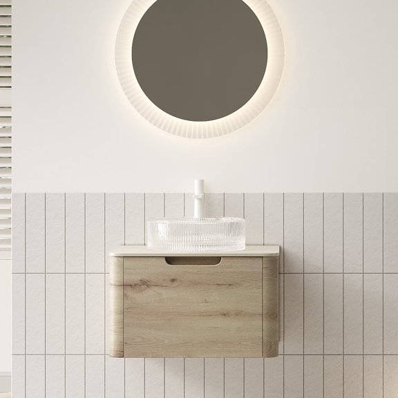 XAI 24"Bathroom Vanity w/Sink,Floating Plywood Storage Cabinet w/Drawer,Transparent Round Glass Basin and Roma Travertine-Pattern Sintered Stone Top,Pre-assembled,White Oak Woodgrain Color