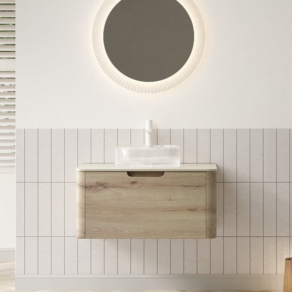 XAI 30" Bathroom Vanity with Sink, Floating Plywood Storage Cabinet with Drawer, Transparent Round Glass Basin and Roma Travertine-Pattern Sintered Stone Top, Pre-assembled, White Oak Woodgrain Color