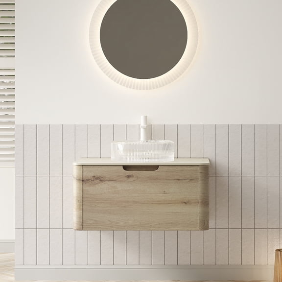 XAI 30" Bathroom Vanity with Sink, Floating Plywood Storage Cabinet with Drawer, Transparent Round Glass Basin and Roma Travertine-Pattern Sintered Stone Top, Pre-assembled, White Oak Wood
