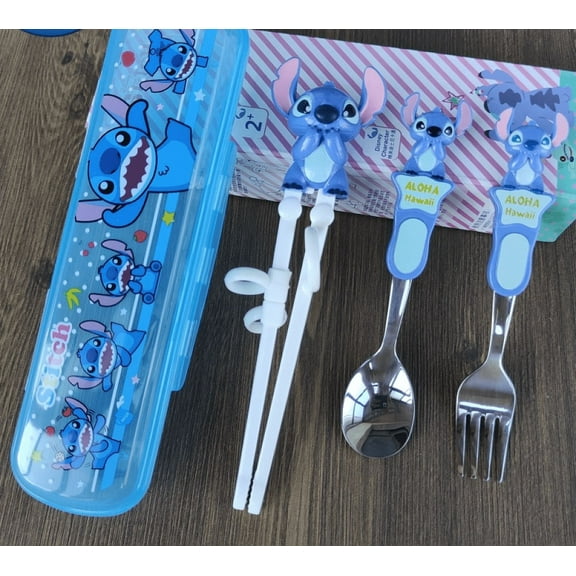 HELANHO 4Pcs Cartoon Stitch Training Tableware Set - Stainless Steel Utensils with Non-Slip Grips, Includes Chopsticks, Spoon, Fork & Storage Case QQH63-1125