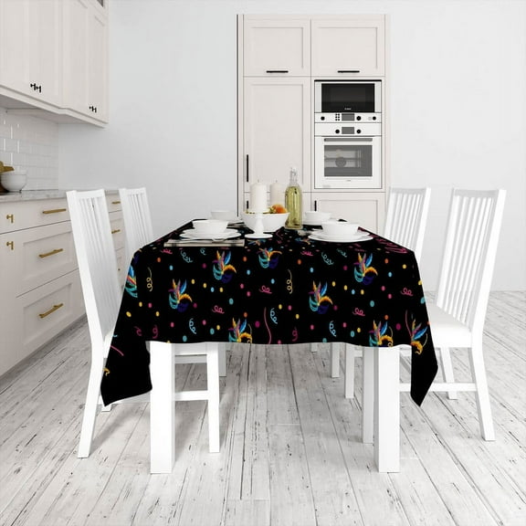 XAJAT 54‘‘x108'' Let's Party Black Rectangle Tablecloth, Cotton Linen Table Covers with Mask Prints