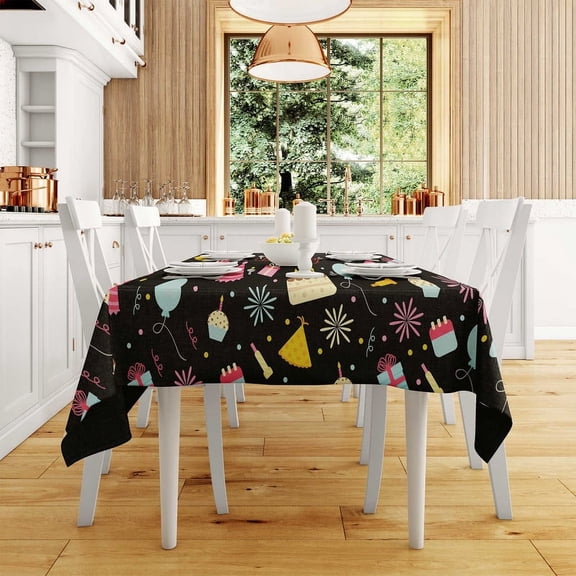 XAJAT 55‘‘x55'' Happy Birthday Rectangle Tablecloth, Cotton Linen Table Covers with Cake and Fireworks Prints