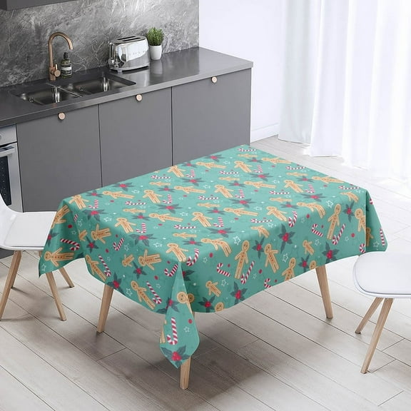 XAJAT 60‘‘x120'' Christmas Green Rectangle Tablecloth, Cotton Linen Table Covers with Gingerbread Man Pattern