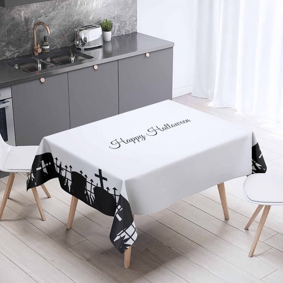 XAJAT 70‘‘x90'' Happy Halloween White Rectangle Tablecloth, Cotton Linen Table Covers with Black Castle Prints