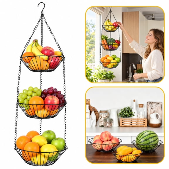XALMERIQ 3 Tier Hanging Fruit Basket for Kitchen, Hanging Produce Basket with Sturdy Metal Chain Heavy Duty Wire Basket Organizer Space Saving Fruit and Vegetable Basket Storage, Black