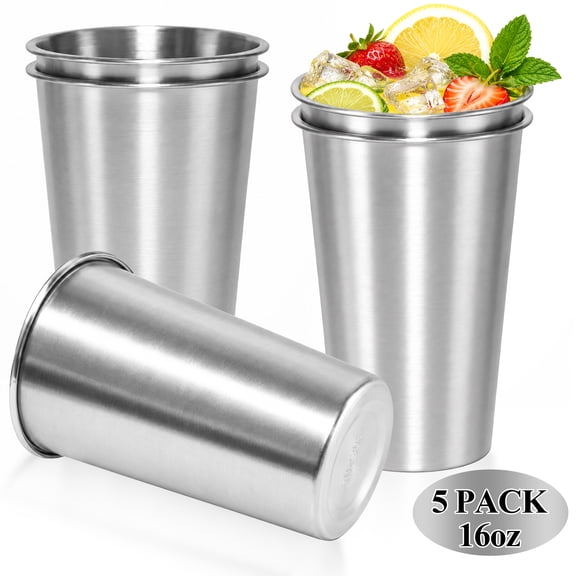 XALMERIQ 5 Pack 16oz Stainless Steel Cups, Stackable Metal Drinking Cups, Unbreakable Reusable Pint Tumblers for Camping, Bar, Party, Outdoor