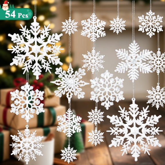 XALMERIQ 54 Pcs Snowflake Decorations, White Glitter Plastic Hanging Snowflake Ornaments with Silver Rope for Christmas Tree, Window, Door Winter Decor