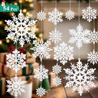 XALMERIQ 54 Pcs Snowflake Decorations, White Glitter Plastic Hanging Snowflake Ornaments with Silver Rope for Christmas Tree, Window, Door Winter Decor