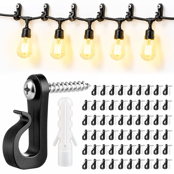 XALMERIQ 60 Pack Hooks for Outdoor String Lights, Weatherproof Light Hanger Clips with Screws for Hanging Christmas Lights, Fairy Lights, Cables & Wires, Black