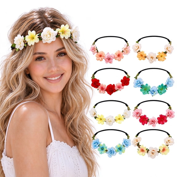XALMERIQ 8 PCS Flower Crowns for Women, Elastic Boho Floral Crown Headband, Fairy Flower Headpiece Hair Wreath Accessories for Wedding Party Photo Pops