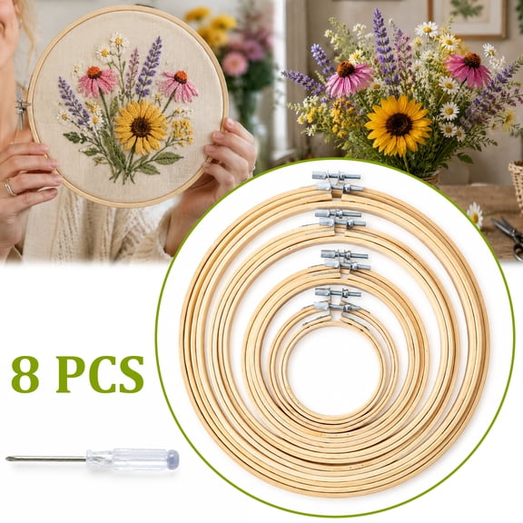 XALMERIQ 8 Pieces Embroidery Hoops, Bamboo Circle Cross Stitch Hoop Ring 3 to 10 Inch, Adjustable Wood Embroidery Frames for Sewing Art Kits Crafts