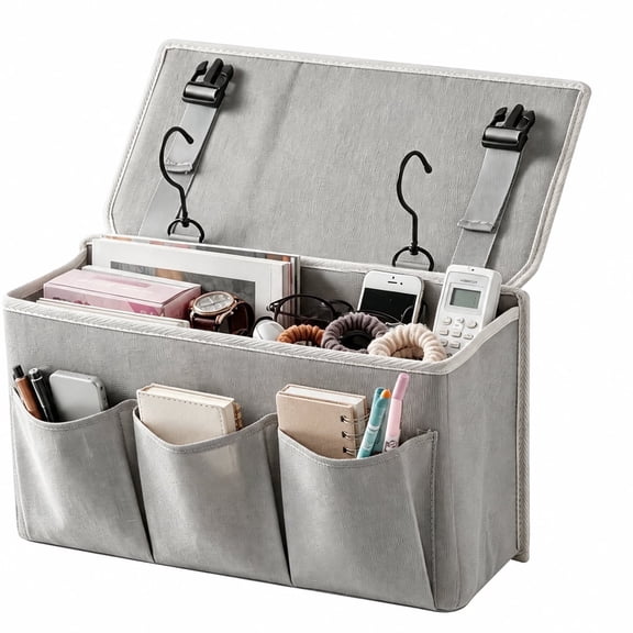 XALMERIQ Bedside Caddy, Dual-Purpose Bed Caddy and Bedside Organizer, Versatile Bedside Storage with Hanging Straps for Magazines, Remotes, Phone, and Essentials