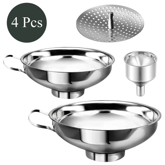 XALMERIQ Canning Funnel with Strainer, 4-Pack Stainless Steel Wide Mouth Funnels for Kitchen Use, Small & Large Funnels for Jars, Bottles & Containers