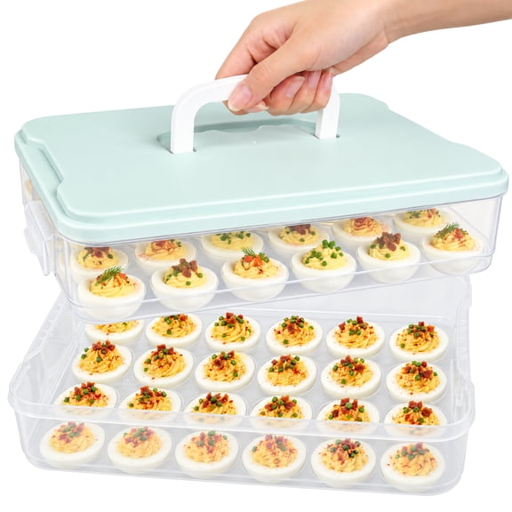 XALMERIQ Deviled Egg Container with Lid, 2 Layer Plastic Egg Tray Carrier with Handle for 48 Eggs, Fridge Stackable Portable Clear Egg Platter Storage