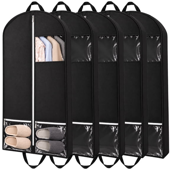 XALMERIQ Garment Bag, 5 Pack 43" Suit Bags for Travel & Closet Storage with Clear Window and Shoe Storage Pockets, Hanging Clothes Protector for Suits, Dresses & Coats