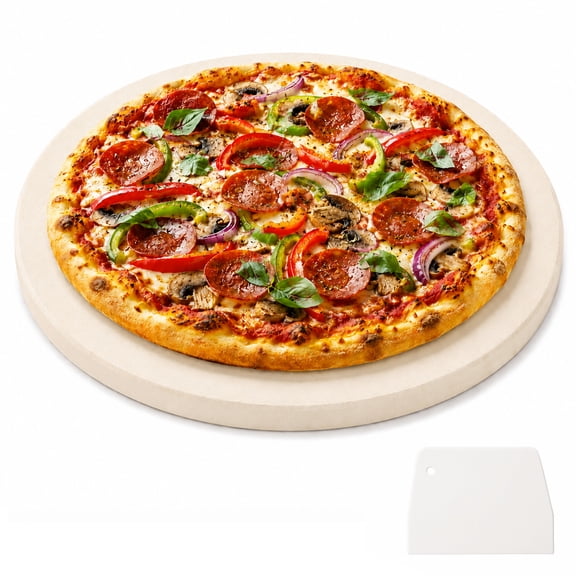 XALMERIQ Pizza Stone for Oven, 15" Round Cordierite Baking Stone with Plastic Dough Scraper, Heat-Resistant Pizza Baking Stone for Crispy Crusts, Grill & Home Baking