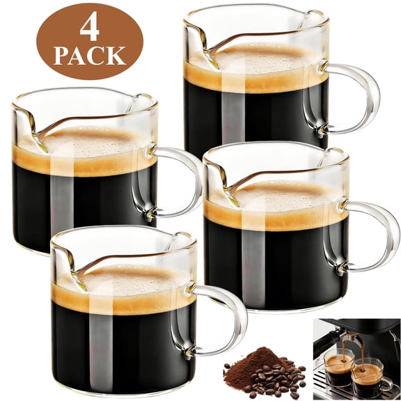 XALMERIQ Set of 4 Espresso Cups, 4 oz Double Pour Spout Cups, Glass Espresso Shot Cups with Handle, Clear Glass Milk Cups for Espresso Machine Coffee Accessories