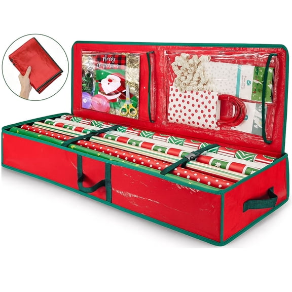 XALMERIQ Wrapping Paper Organizer Storage, Gift Wrapping Organizer Storage Fits 18-24 Rolls Gift Wrap Storage with Flexible Partitions and Pockets for Ribbon Bows 41"W x 14"D x 6"H (Red)