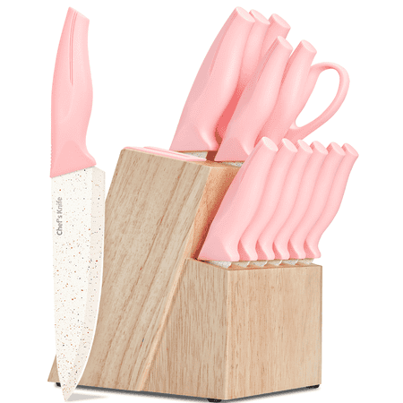 Xanapon 13-Piece Knife Set for Kitchen, Built-in Sharpener Block, German Stainless Steel, Dishwasher Safe, Pink