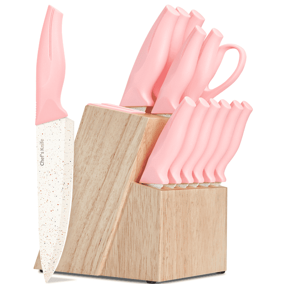 Xanapon 13-Piece Knife Set for Kitchen, Built-in Sharpener Block, German Stainless Steel, Dishwasher Safe, Pink