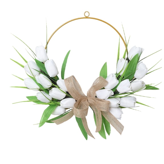 XANSHE Hot Sale Artificial Tulip Wreath for Front Door - 16 Inch Spring Summer Silk Flower Wreath with Green Leaves, Rattan Half Circle Design for Indoor Outdoor Wall Window Home Decor