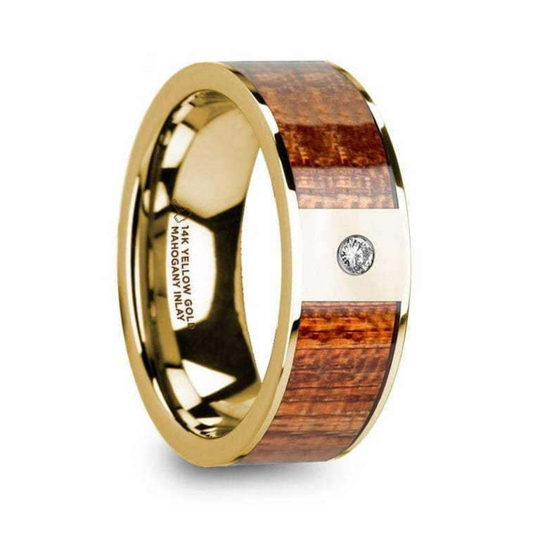 Thorsten 14k White Gold Wedding Band with Mahogany Wood Inlay & Diamond - 8mm Thorsten 14k White Gold Wedding Band with Mahogany Wood Inlay & Diamond - 8mm