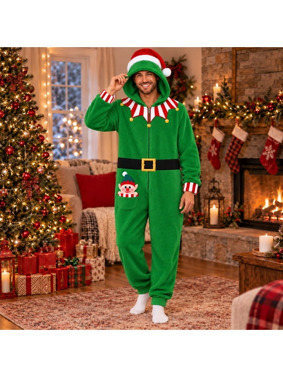 Adult Christmas Elf Costume Santa Helper Costumes Men Women Long Sleeve Zipper Hooded Cosplay Jumpsuit For Festival Party