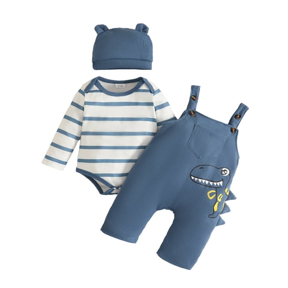 XAOFW Baby Boys Long Sleeve Striped Romper Cartoon Suspender Pants Hat Kids Autumn Cute Clothing Sets 6-12 Months