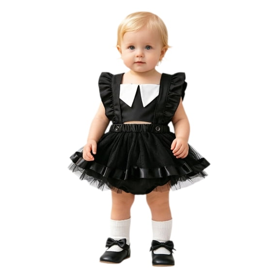 XAOFW Baby Girls Halloween Party Rompers Dress Flutter Sleeve Lapel Collar Ruffle Backless Bodysuit Breathable Onesie 18-24 Months